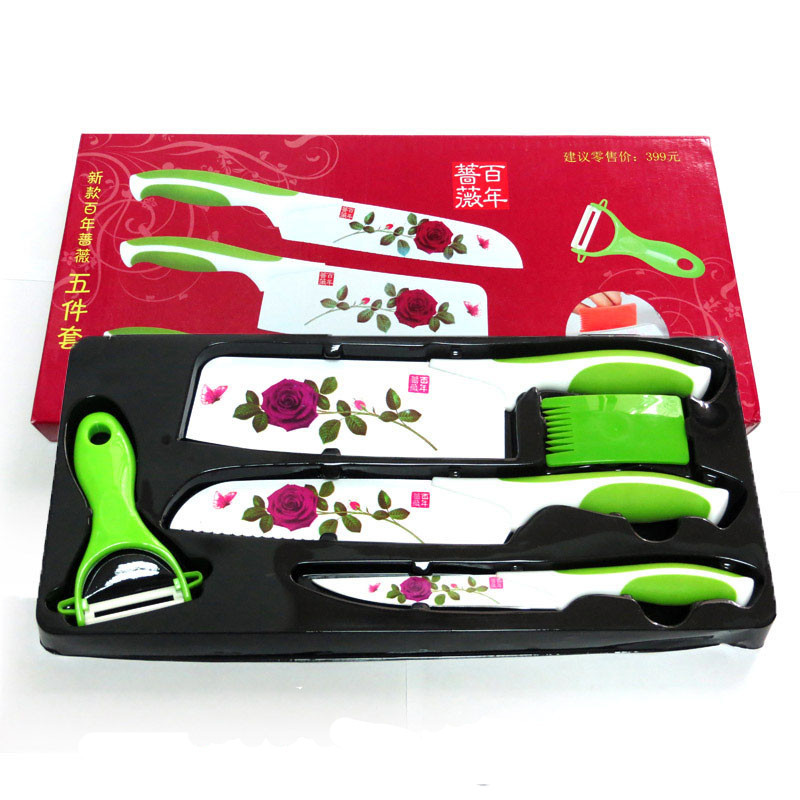 韓國印花不銹鋼 百年薔薇五件套 廚房刀具 禮品套刀 菜刀 廚用刀工廠,批發,進口,代購
