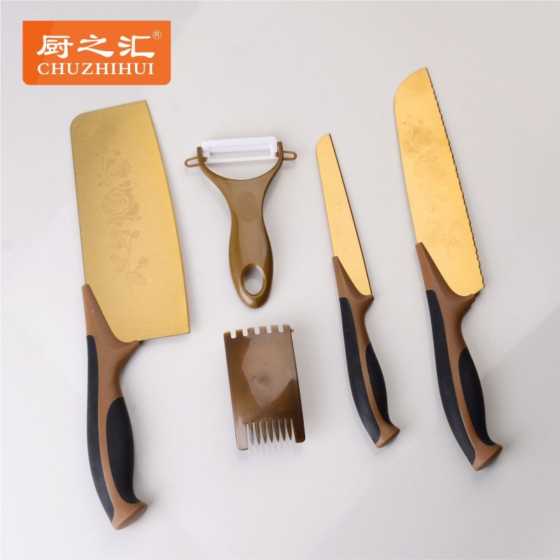 鈦金刀五件套組合百年薔薇跑江湖產品地攤刀具展會土豪金禮品套裝批發・進口・工廠・代買・代購