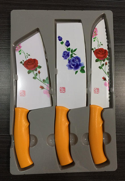彩花三件套刀 百年薔薇禮品套刀刀廚房刀具切片刀砍骨刀禮品套刀工廠,批發,進口,代購