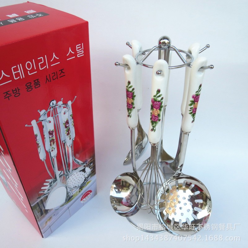 廠傢熱銷高檔不銹鋼佈綸光紅玫瑰陶瓷柄廚具 員工福利禮品套裝批發・進口・工廠・代買・代購