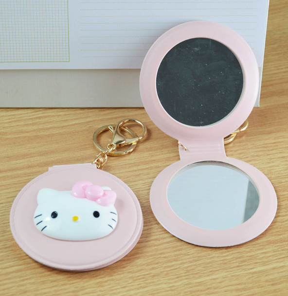 韓國卡通kitty小鏡子便攜折疊化妝鏡圓形美容pu皮質鑰匙扣鏡子批發・進口・工廠・代買・代購