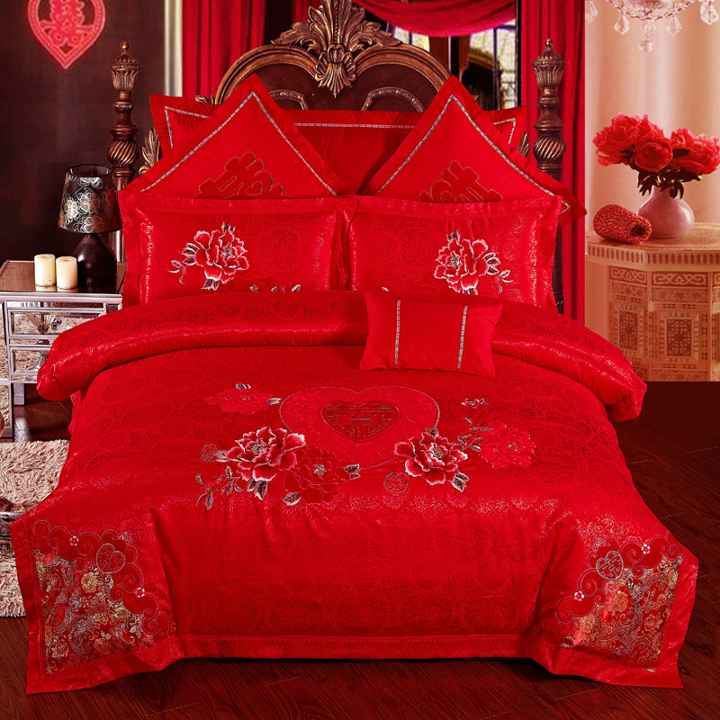 歐式婚慶四件套大紅色結婚床上用品床單被套件簡約刺繡新婚慶床品批發・進口・工廠・代買・代購