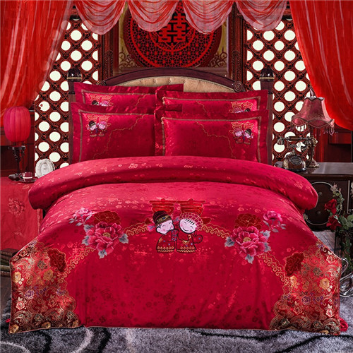 慕辰大紅婚慶刺繡床單款套件貢緞提花四件套多件套傢紡床上用品工廠,批發,進口,代購