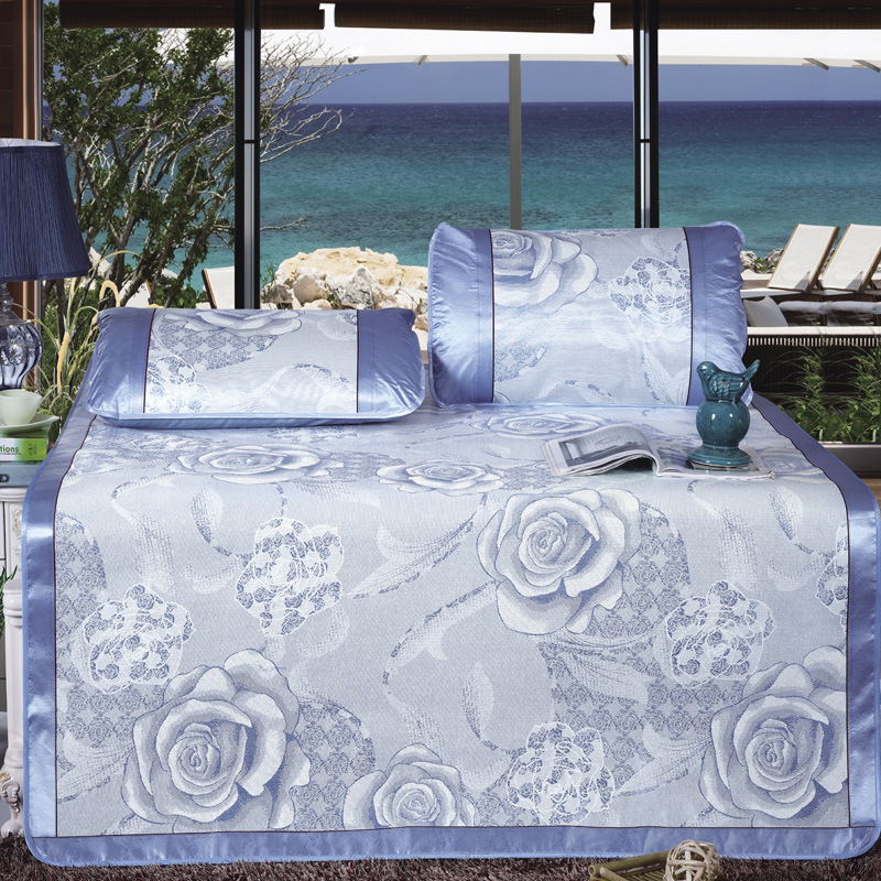 玫瑰園-藍 夏季冰絲涼席三件套禮品軟禦藤席1.5米雙人可折疊批批發・進口・工廠・代買・代購