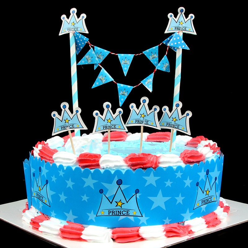 蛋糕插牌派對用品 生日快樂插旗卡通藍 王子皇冠拉旗兒童裝飾佈置工廠,批發,進口,代購