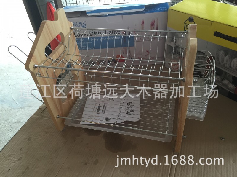 【一件代發】瀝水多功能廚房置物架 雙層橡膠木碗碟架菜板架批發批發・進口・工廠・代買・代購