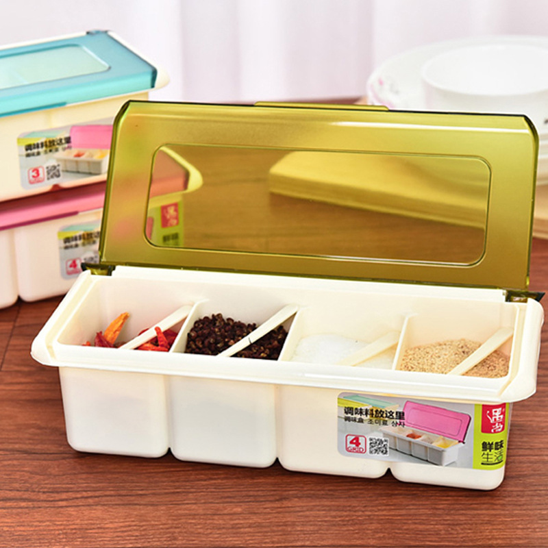 吉祥瑞淘福調味盒佐料盒塑料多格有蓋方形活動扣帶勺子炫彩創廠傢工廠,批發,進口,代購