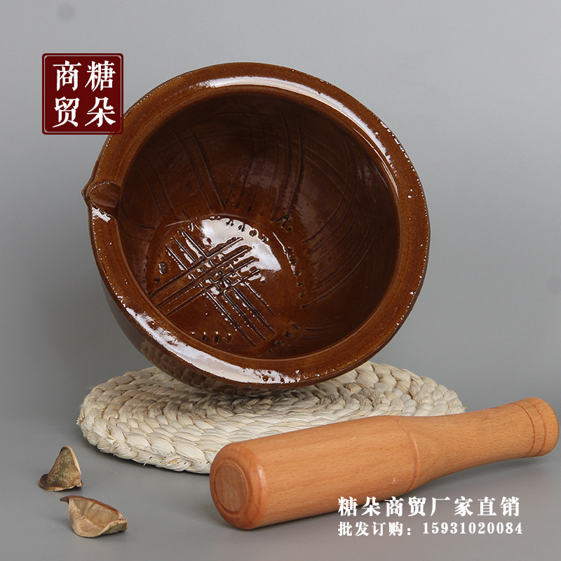 大號純天然土陶擂缽磨米糊搗蒜泥錘辣椒瓦盆搗蒜器擂砵送木擂錘批發・進口・工廠・代買・代購