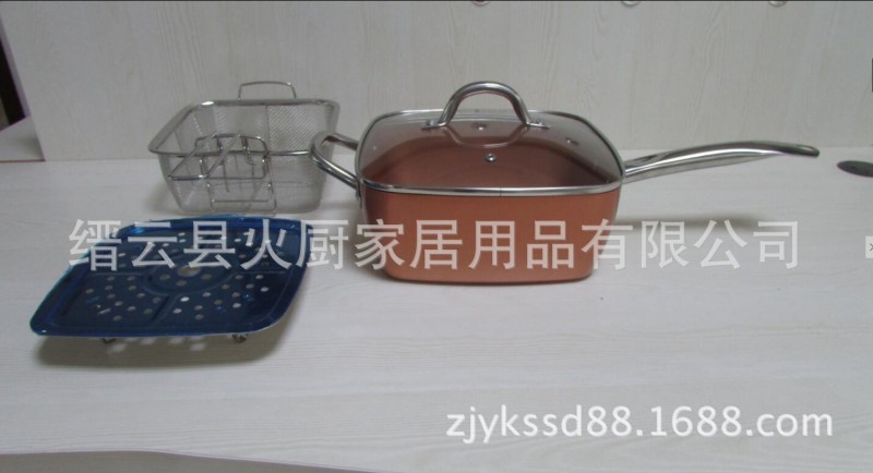 Copper Chef Pan銅色鋼柄方形深鍋蒸屜網籃多功能不黏平底陶瓷鍋工廠,批發,進口,代購