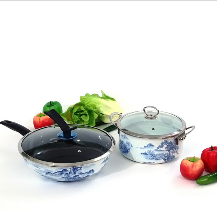 外貿出口搪瓷湯鍋 炒鍋套裝 青花瓷廚具琺瑯鍋具 電磁爐通用批發・進口・工廠・代買・代購