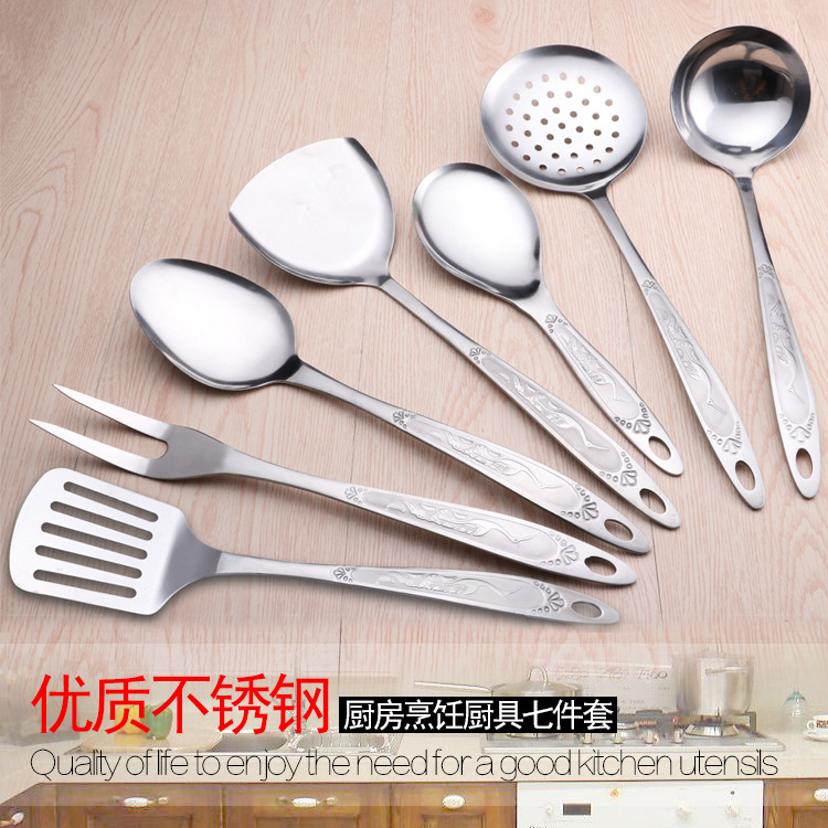 廠傢直銷仙鶴柄不銹鋼廚具套裝七件套 廚房酒店專用烹飪勺鏟廚具工廠,批發,進口,代購