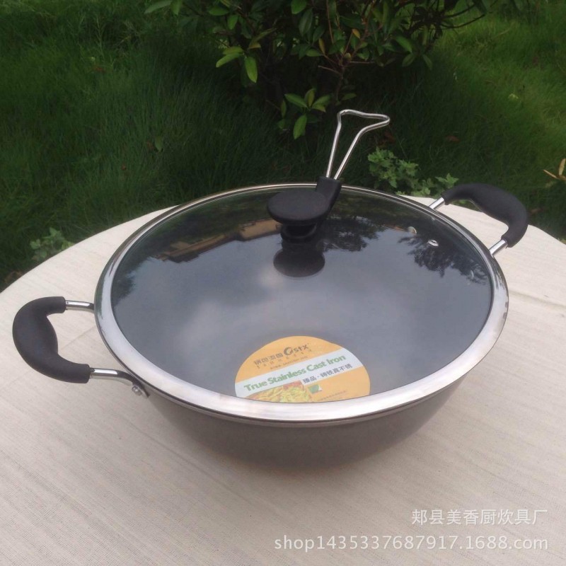 新品鑄鐵真不銹燉炒鍋電磁爐燃氣灶通用湯鍋無塗層不黏鐵鍋加厚批發・進口・工廠・代買・代購
