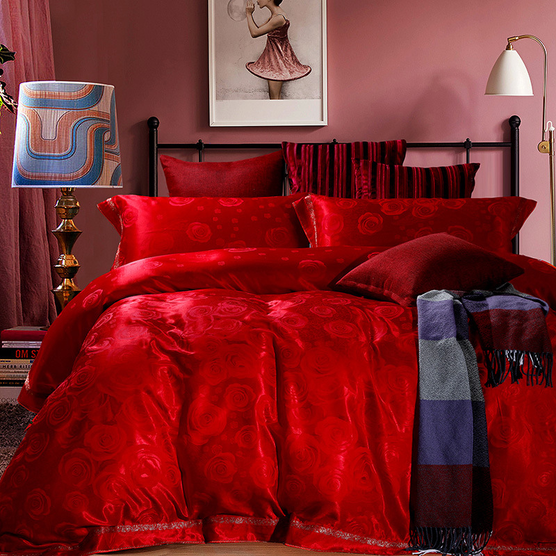 奧美嘉傢紡 婚慶四件套 大紅色純棉貢緞提花結婚床上用品 玫瑰花工廠,批發,進口,代購