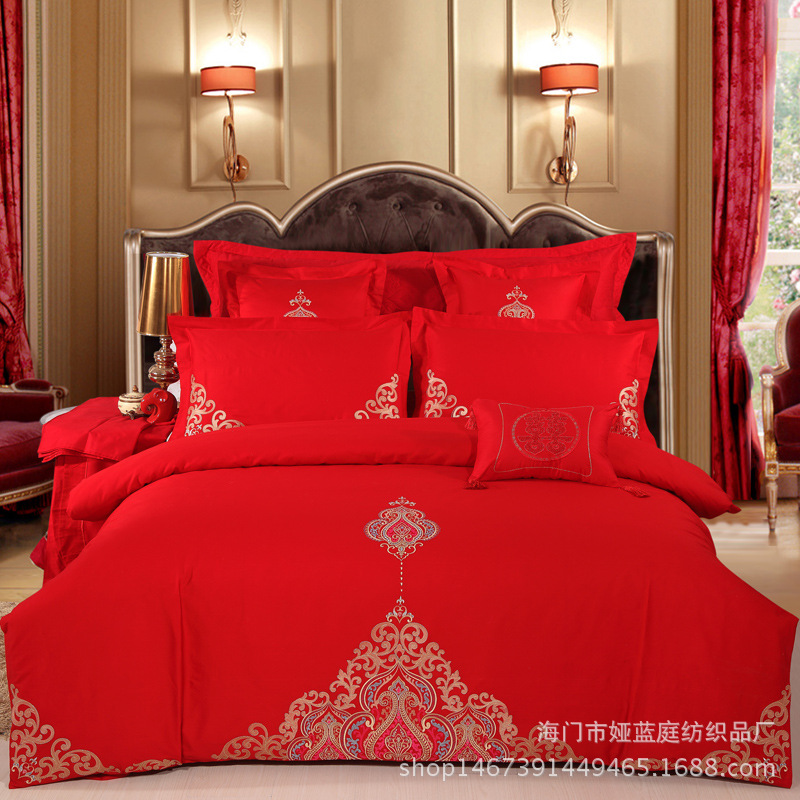 慧愛富安娜婚慶四件套 結婚床上用品 大紅色全棉中式刺繡4件套批發・進口・工廠・代買・代購