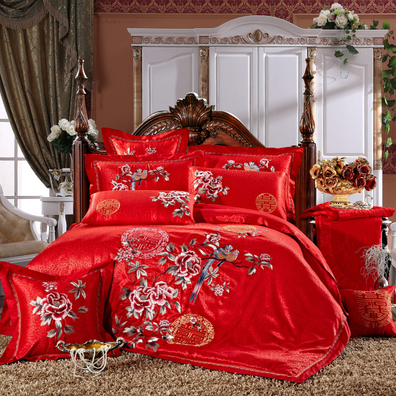 床上用品四件套 貢緞繡花婚慶床品大紅色多件套批發工廠,批發,進口,代購