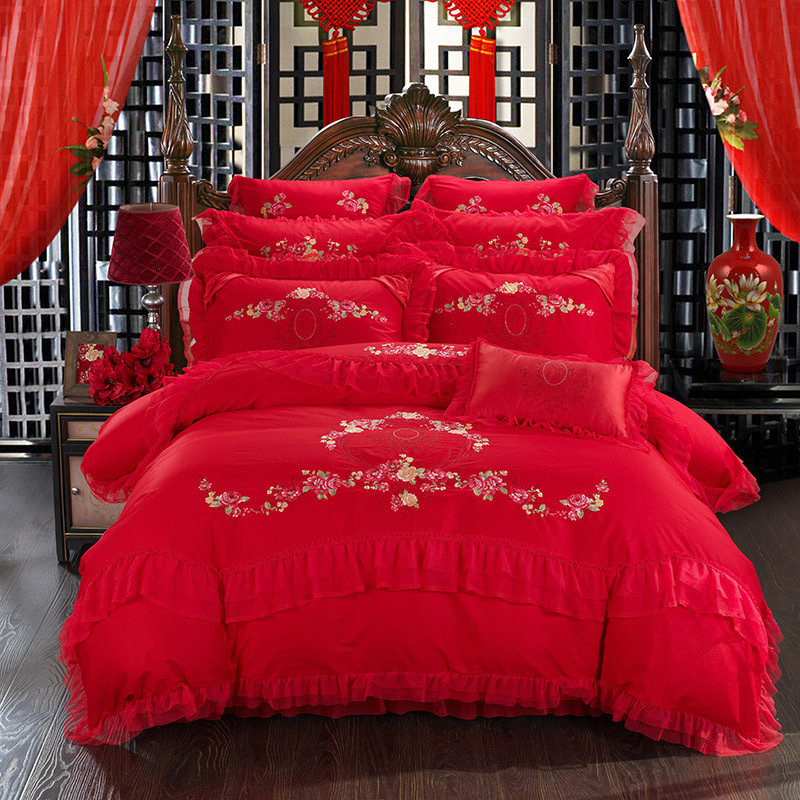 韓式四件套婚慶多件套大紅 粉色蕾絲提花十件套結婚床上用品批發工廠,批發,進口,代購