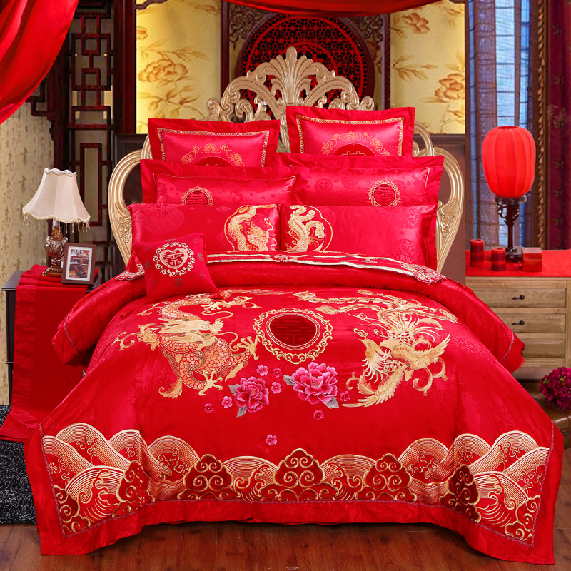全棉大紅婚慶床品 純棉繡花床罩床裙四件套 六 八十件套 一件代發工廠,批發,進口,代購