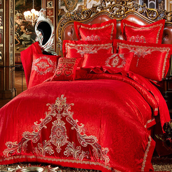 結婚床品大紅北歐韓美式四件套純棉2.0m床刺繡花雙人多件套八件套工廠,批發,進口,代購