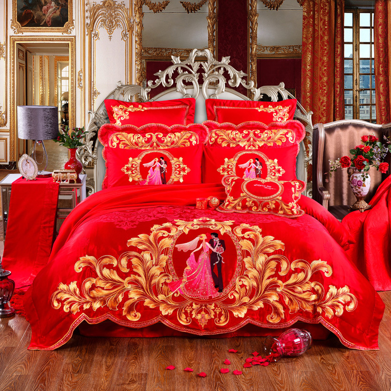 高檔結婚慶大紅床品刺繡花四件套全棉多六十件套床單被套床上用品工廠,批發,進口,代購