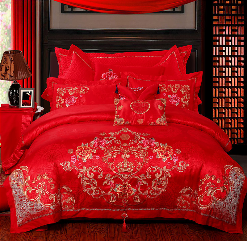 全棉刺繡婚慶四件套件 大紅床單床蓋結婚純棉六件套床上用品 批發工廠,批發,進口,代購