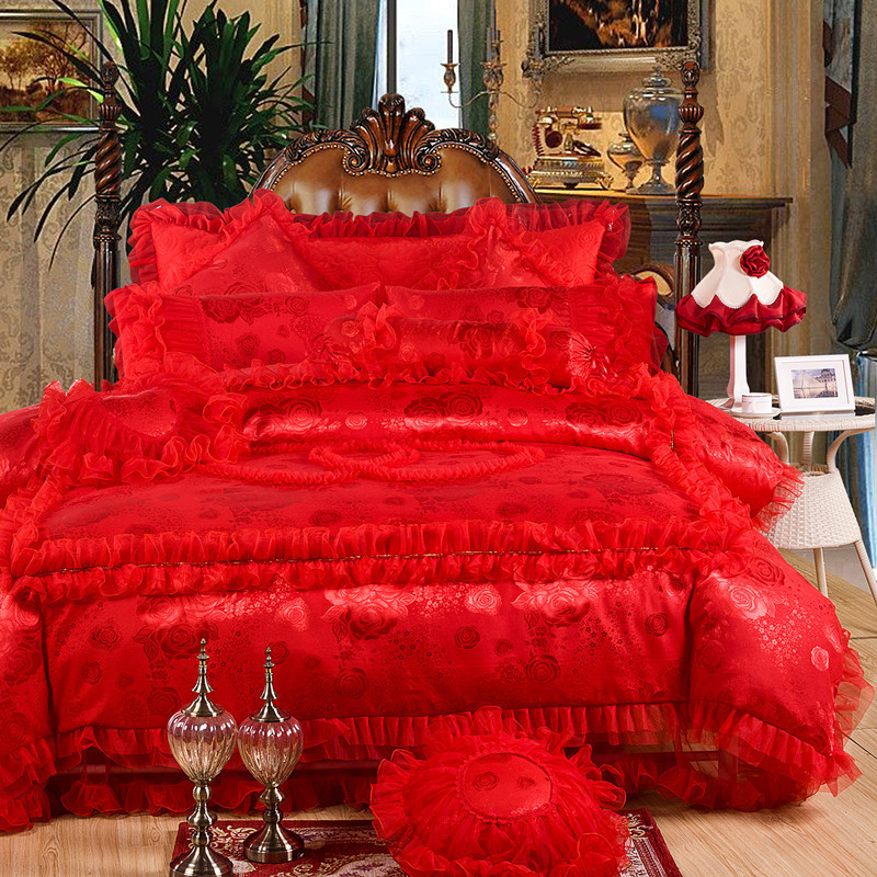 廠傢直銷 大紅婚慶多件套 全棉床上用品 貢緞提花四件套蕾絲花邊工廠,批發,進口,代購