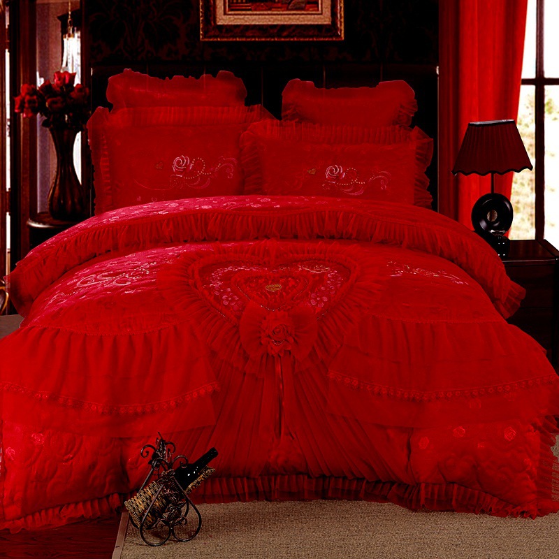 全棉婚慶貢緞提花蕾絲床蓋四件套六件套 結婚喜慶繡花大紅多件套工廠,批發,進口,代購