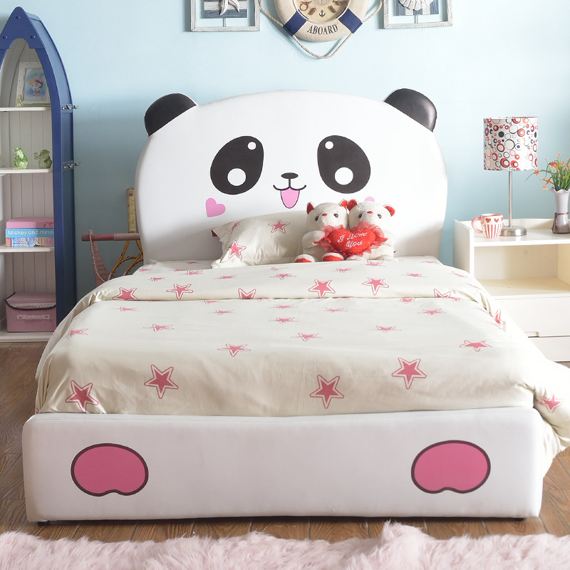 現代卡通皮藝兒童床男女孩kitty熊貓實木1.2米單人床兒童傢具定製批發・進口・工廠・代買・代購