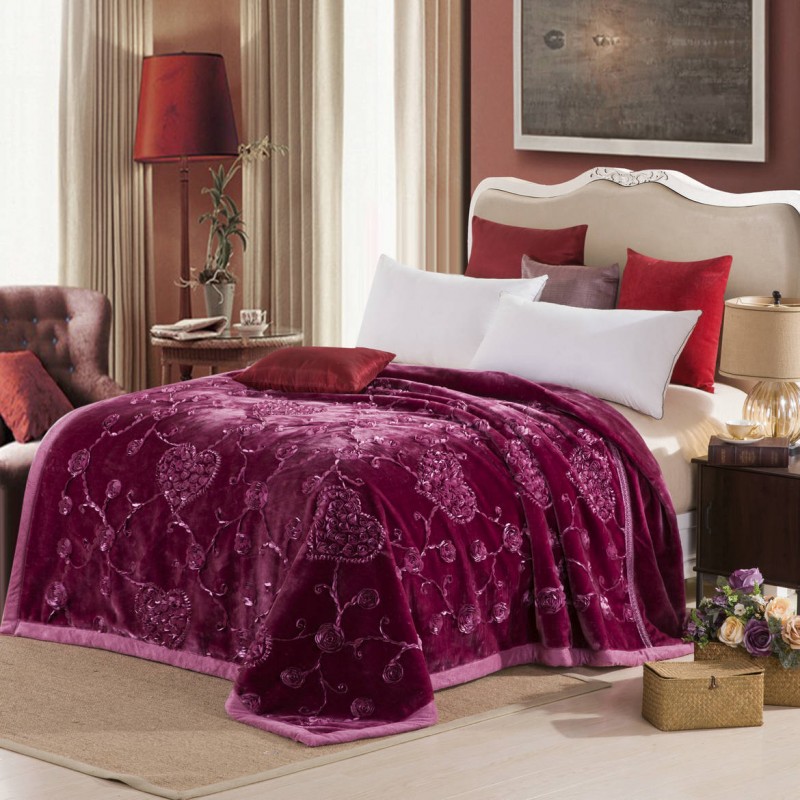 紅豆毛毯批發定製 時尚高檔婚慶繡花立體花素色雙層毛毯團購禮品工廠,批發,進口,代購