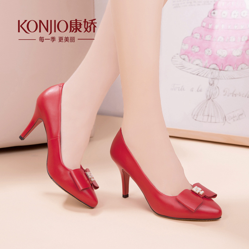 KONJIO/康嬌新款蝴蝶結細高跟尖頭女單鞋韓版水鉆女鞋淺口紅色工廠,批發,進口,代購