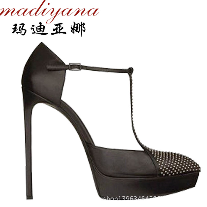 尖頭鉚釘真皮涼鞋女性感丁字扣帶淺口涼鞋辦公室黑色職業女鞋細跟批發・進口・工廠・代買・代購