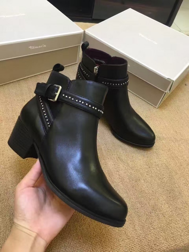 秋冬歐美新款真皮女靴皮帶扣粗跟中跟女鞋外貿牛皮短靴工廠直銷工廠,批發,進口,代購