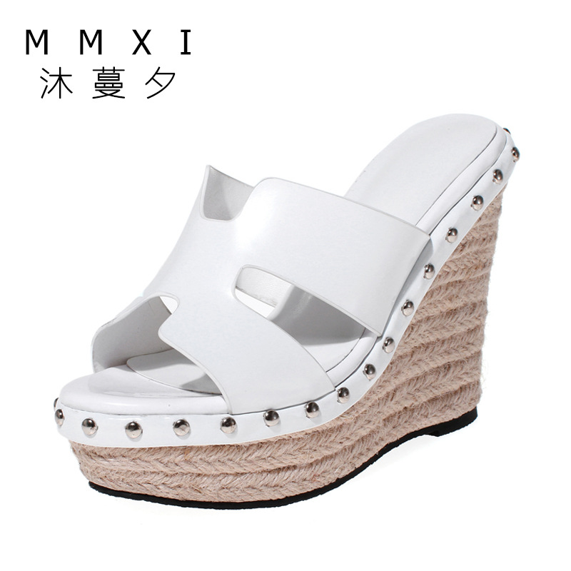 春夏款新品2016真皮H型鉚釘藤編坡跟涼鞋高跟鞋女鞋可代發歐洲站工廠,批發,進口,代購