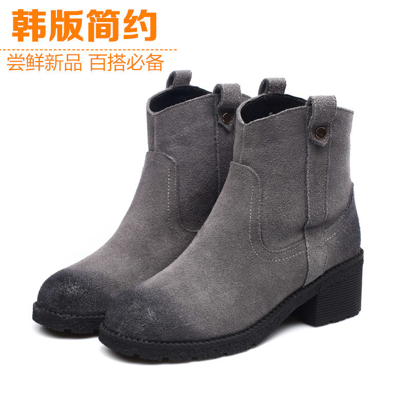 秋冬靴女粗跟短靴韓版磨砂皮加絨馬丁靴鉚釘裸靴棉鞋一件代發清倉批發・進口・工廠・代買・代購