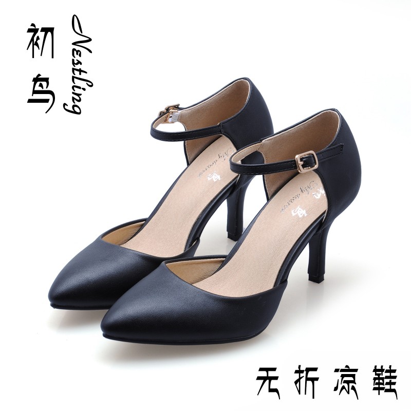 初鳥2016春季淺口細跟單鞋 尖頭高跟女鞋子 羊皮綁帶無折中空涼鞋批發・進口・工廠・代買・代購