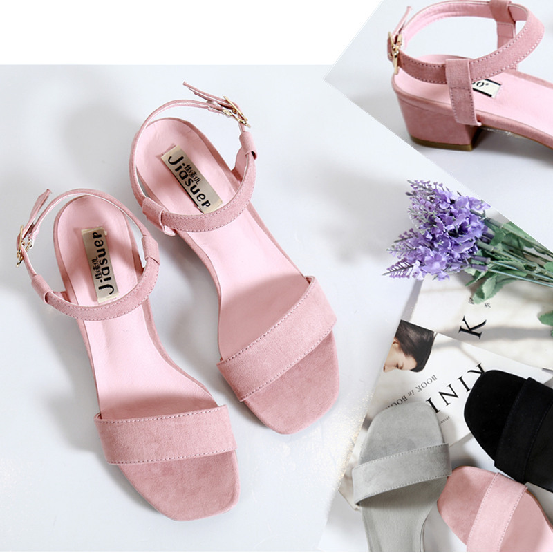 2016春夏季新品粗跟粉色黑色露趾一字扣涼鞋舒適灰色甜美中跟女鞋工廠,批發,進口,代購