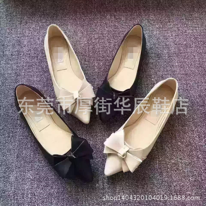 新款女士尖頭套腳牛皮單鞋時尚百搭平底蝴蝶結小清新日常休閒居傢批發・進口・工廠・代買・代購