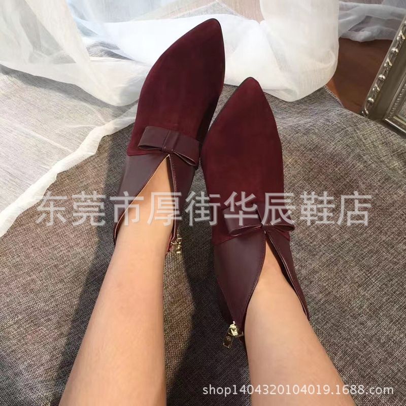 新款女士尖頭側拉鎖牛皮細跟蝴蝶結女士高跟鞋休閒時尚百搭款批發・進口・工廠・代買・代購