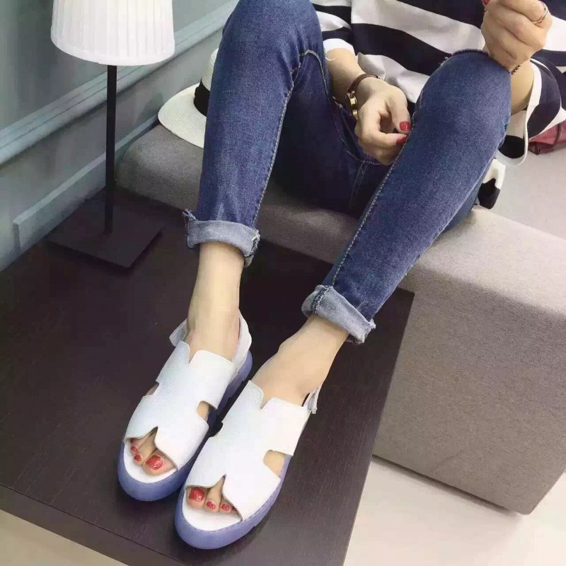 千百姿2016款時尚休閒果凍鞋底平跟牛皮圓頭女涼拖果凍鞋 女批發・進口・工廠・代買・代購