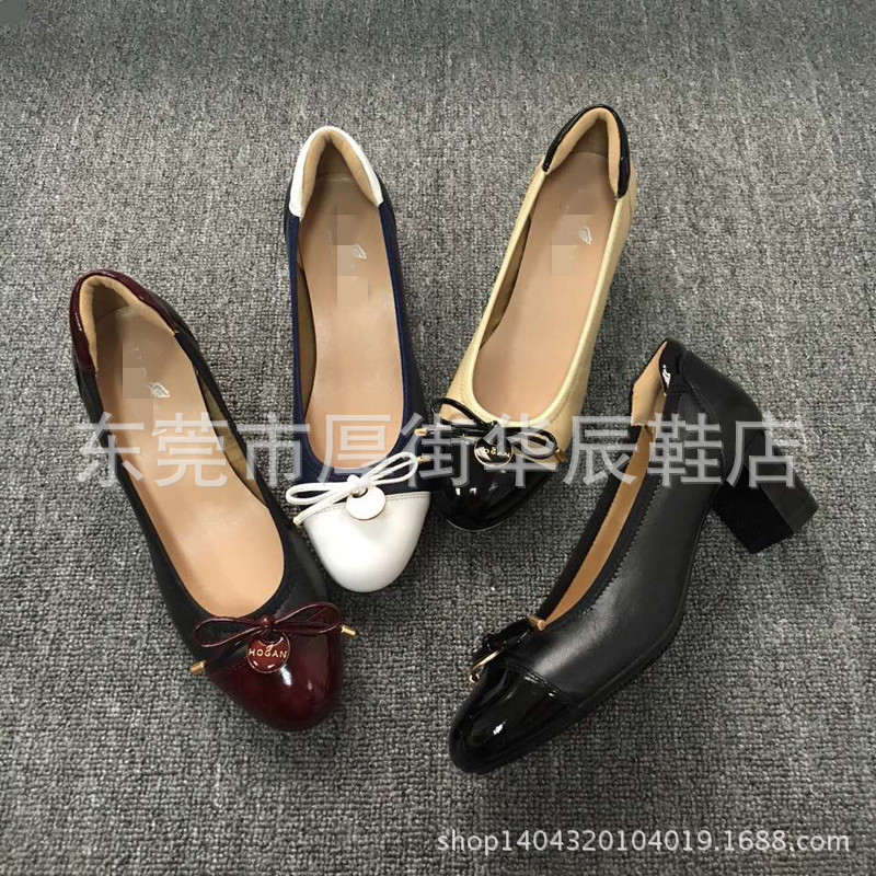 新款女士圓頭套腳粗跟蝴蝶結羊皮單鞋休閒四季日常百搭真皮鞋工廠,批發,進口,代購