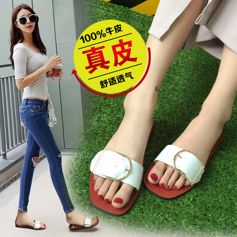 領跑夏季新款時尚防滑一字涼拖清涼真皮平底拖鞋個性搭扣潮鞋工廠,批發,進口,代購