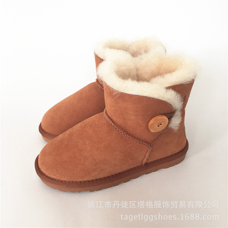 可親子短靴紐扣3352真皮羊毛一體雪靴磨砂經典黑色大碼定製鞋工廠,批發,進口,代購