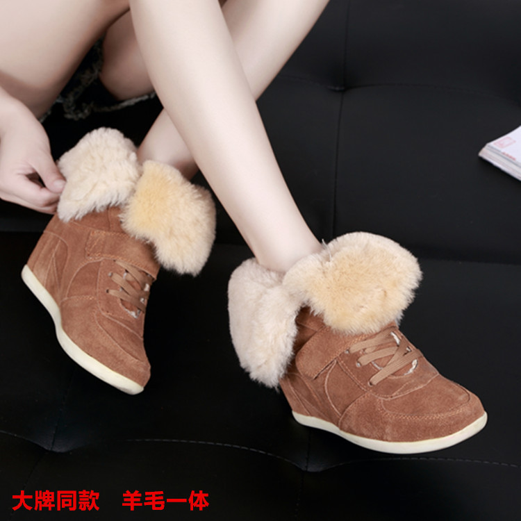 歐洲站女鞋真皮短靴皮毛一體雪靴圓頭內增高磨砂皮保暖女靴皮靴工廠,批發,進口,代購