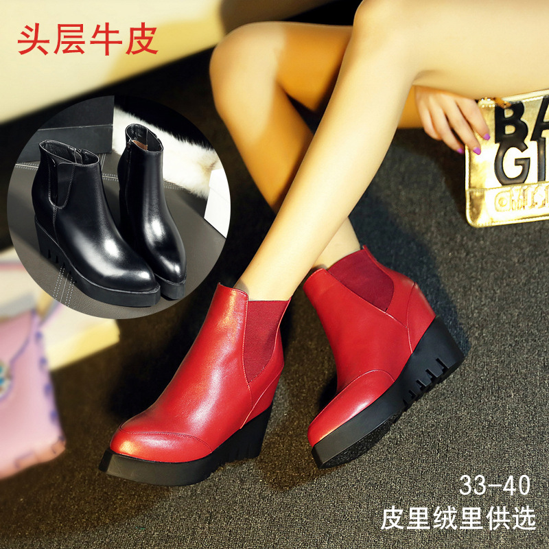 歐洲站 2016秋冬新款真皮女靴 尖頭防水臺短靴 歐美大牌外貿靴子工廠,批發,進口,代購