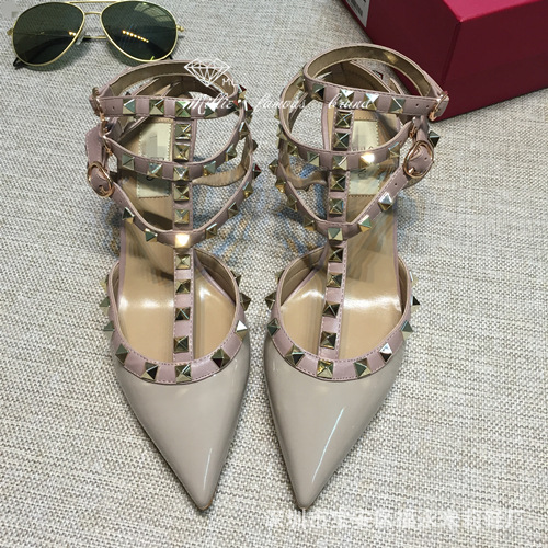 高端定製歐洲站小辣椒同款夏季柳釘涼鞋真皮尖頭淺口高跟單鞋女鞋工廠,批發,進口,代購