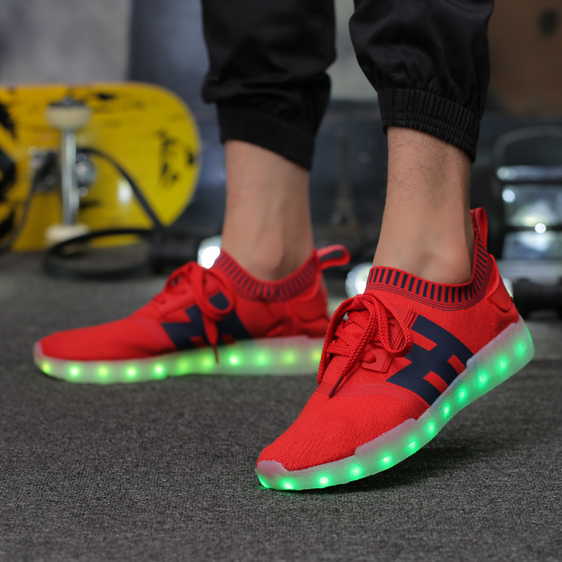 新款飛織LED休閒發光鞋 USB充電七彩情侶燈鞋 時尚夜光鞋廠傢直銷批發・進口・工廠・代買・代購