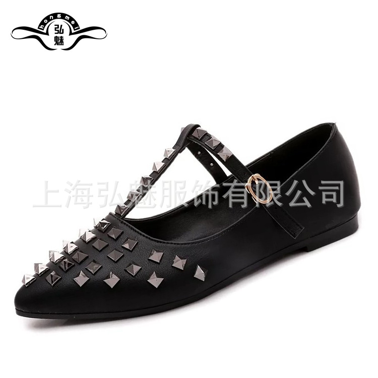 備貨2016韓版時尚春秋款鉚釘尖頭丁字扣低跟xie潮流黑色pu女單鞋工廠,批發,進口,代購
