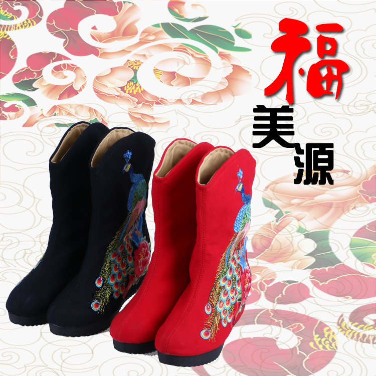 福美源繡花鞋 2016棉麻坡跟圓頭孔雀靴繡花鞋 老北京孔雀靴繡花鞋工廠,批發,進口,代購