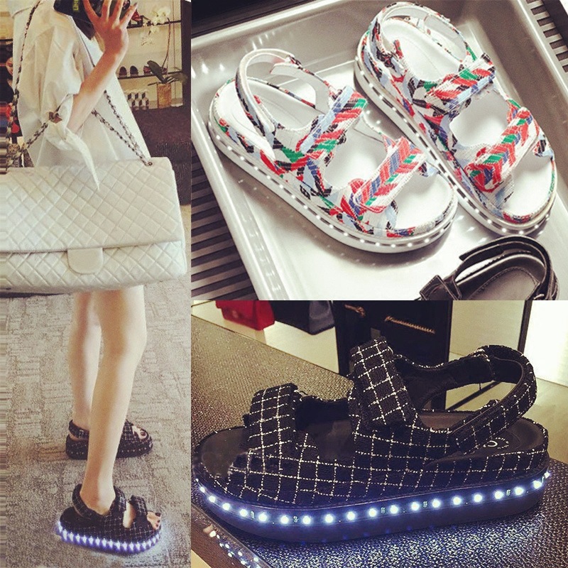 baby同款鞋真皮魔術貼厚底USB充電發光鞋松糕LED熒光夜光鞋涼鞋女工廠,批發,進口,代購