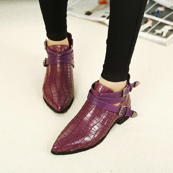歐洲站短靴鱷魚紋女鞋尖頭皮帶扣及踝靴單靴英倫粗跟女馬丁靴工廠,批發,進口,代購