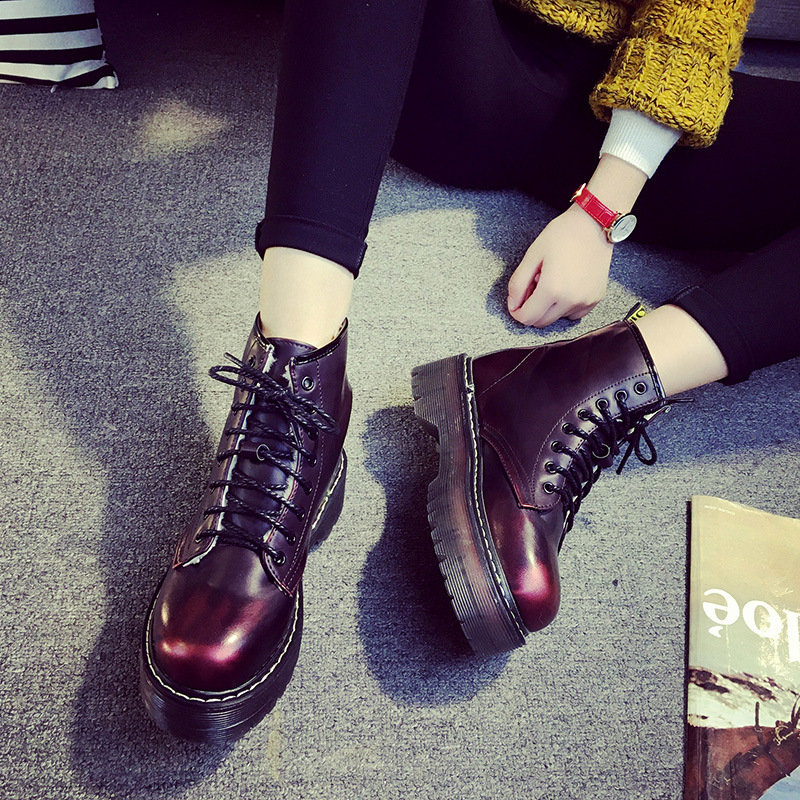春秋冬季加絨厚底英倫黑色復古系帶潮流女短靴坡跟擦色中跟馬丁靴工廠,批發,進口,代購